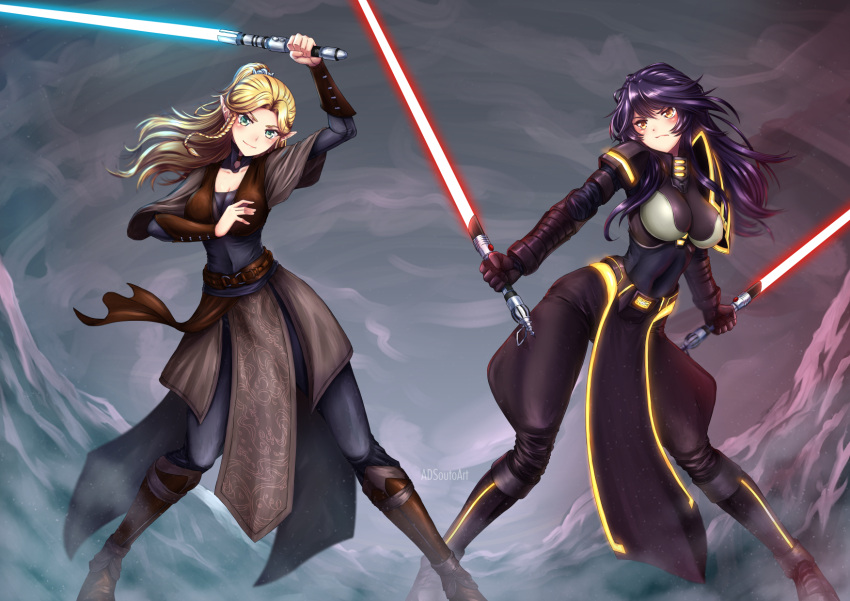 2girls adsouto blonde_hair borrowed_character breasts commentary commission dual_wielding energy_sword green_eyes highres jedi large_breasts lightsaber long_hair multiple_girls original pelvic_curtain pointy_ears ponytail purple_hair sith star_wars sword weapon