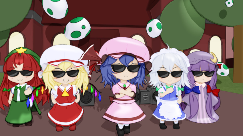 3d 5girls :&lt; :3 :d apron ascot bat_wings beret black_shoes blender blonde_hair blue_bow blue_hair blue_ribbon boombox bow braid brooch brown_shoes chibi chinese_clothes clenched_hand commentary crescent crescent_hair_ornament crossed_arms crystal dress egg fang flandre_scarlet forest green_bow gs-mantis hair_bow hair_ornament hair_ribbon hat hat_ribbon highres hong_meiling izayoi_sakuya jewelry lavender_hair long_hair maid_apron maid_headdress mob_cap multiple_girls nature open_mouth outdoors pajamas patchouli_knowledge pink_dress puffy_short_sleeves puffy_sleeves purple_hair red_bow red_ribbon red_shoes red_skirt redhead remilia_scarlet ribbon scarlet_devil_mansion shoes short_hair short_sleeves side_braid side_ponytail silver_hair skirt skirt_set smile speaker star striped sunglasses the_embodiment_of_scarlet_devil touhou tree twin_braids very_long_hair violet_eyes waist_apron white_legwear wings yoshi_egg