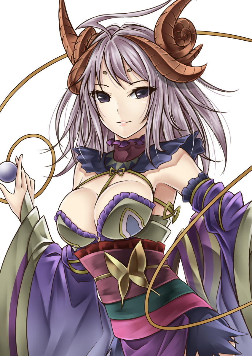 1girl absurdres ahoge between_breasts breasts butterfly cleavage detached_sleeves dragon_girl dragon_horns eyelashes facial_mark forehead_mark highres horns japanese_clothes kanna_(p&amp;d) long_hair looking_at_viewer meshida_(lux-far-accelerator) obi parted_lips pointy_ears purple_hair puzzle_&amp;_dragons sash simple_background solo violet_eyes white_background wide_sleeves