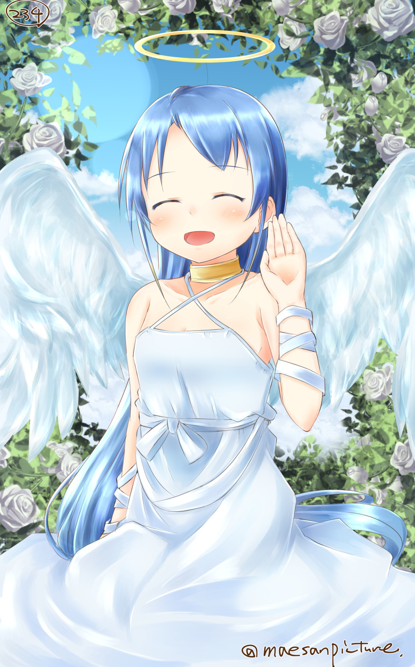 1girl :d absurdres alternate_costume arm_ribbon bangs bare_shoulders blue_hair blush breasts choker closed_eyes clouds collarbone commentary_request criss-cross_halter dress eyebrows eyebrows_visible_through_hair flower gradient_hair halo halter_top halterneck hand_up highres jewelry kantai_collection leaf lens_flare long_hair mae_(maesanpicture) multicolored_hair numbered open_mouth outdoors ribbon rose samidare_(kantai_collection) silver_dress silver_ribbon sitting sky sleeveless sleeveless_dress small_breasts smile solo swept_bangs twitter_username very_long_hair white_rose wings