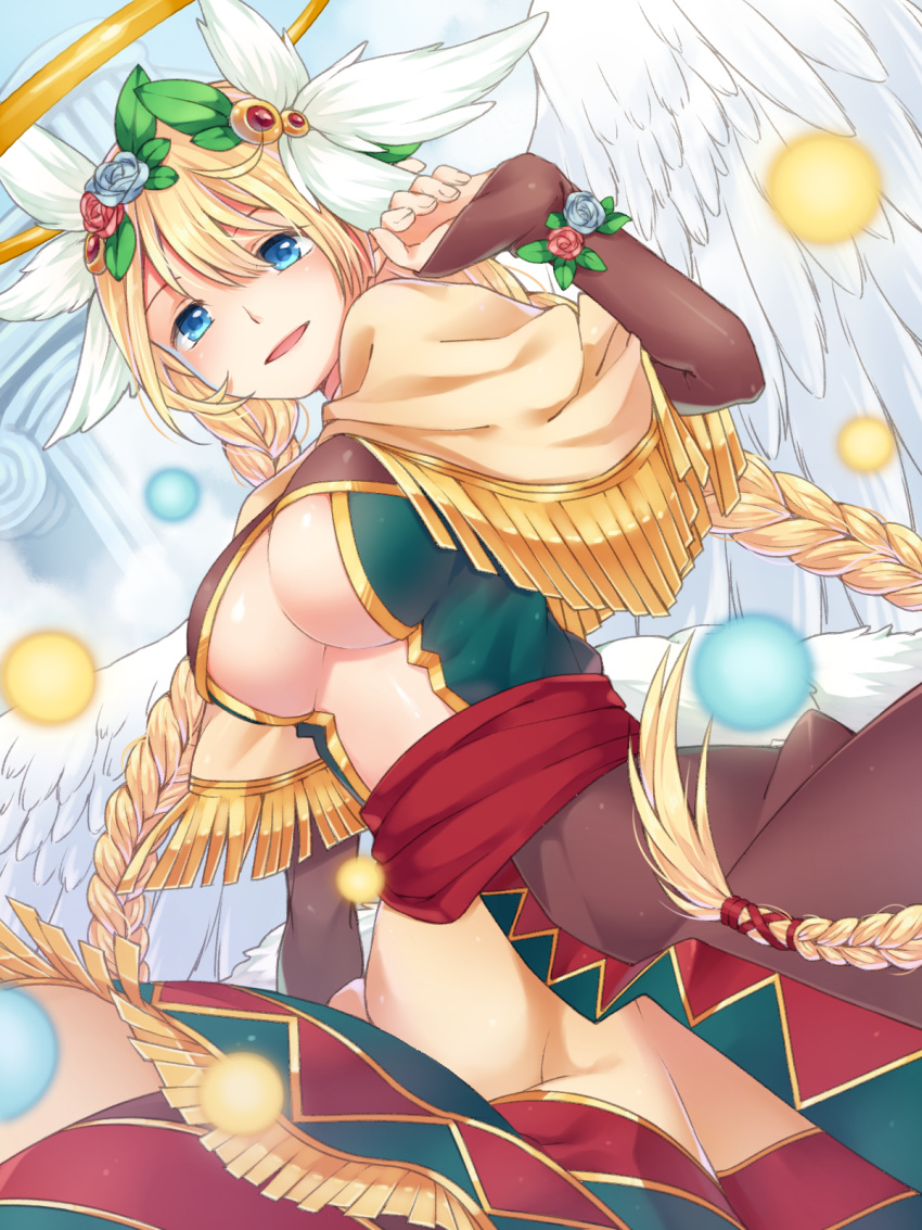 1girl angel archangel_(p&amp;d) blonde_hair blue_eyes blush braid breasts column dress flower from_behind hair_flower hair_ornament highres long_hair looking_at_viewer looking_down medium_breasts open_mouth pillar puzzle_&amp;_dragons roy_(pixiv992911) sash solo twin_braids under_boob very_long_hair white_wings wings