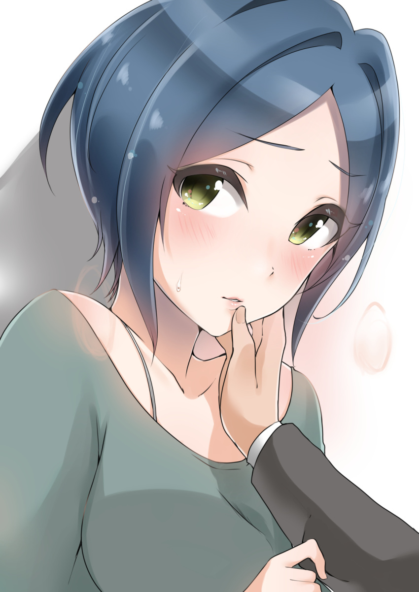 1boy 1girl blue_hair blush collarbone eyebrows_visible_through_hair eyelashes fingernails green_eyes green_shirt hand_on_another's_cheek hand_on_another's_face hands hayami_kanade highres idolmaster idolmaster_cinderella_girls lips long_sleeves looking_at_viewer murabito_c parted_lips pink_lips shadow shirt short_hair simple_background solo_focus tareme upper_body white_background