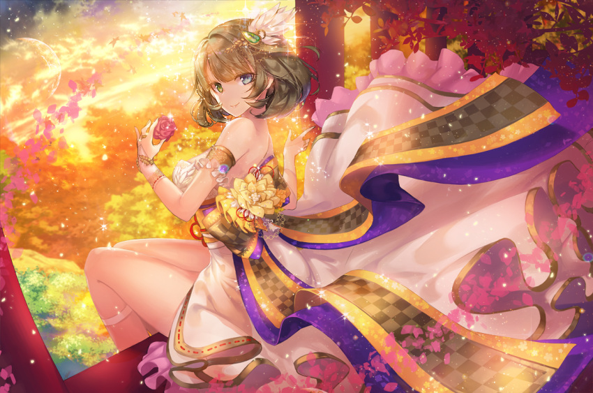 1girl armlet bangs bare_shoulders blue_eyes blue_n bracelet brown_hair checkered closed_mouth clouds crescent_moon dress flower frills gem green_eyes hair_ornament head_feathers heterochromia holding holding_flower idolmaster idolmaster_cinderella_girls jewelry kneehighs lace light_particles looking_at_viewer looking_back mole mole_under_eye moon obi petals pointing ribbon_trim ring sash short_hair sitting sky smile solo strapless strapless_dress takagaki_kaede