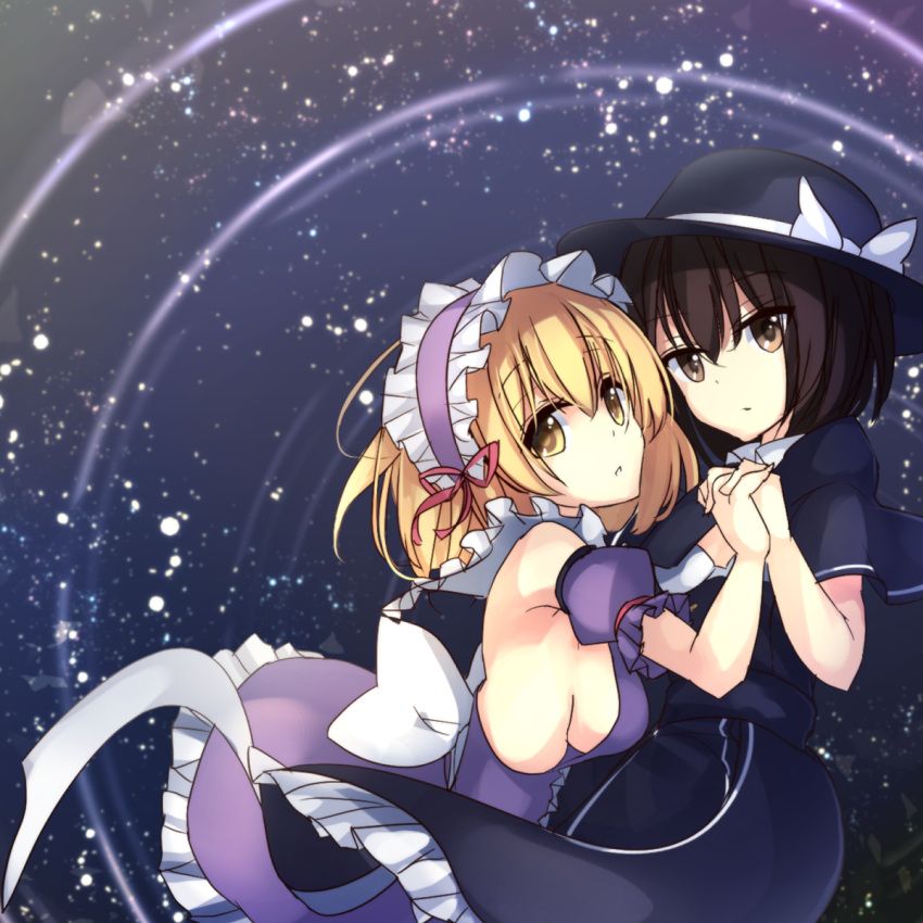 2girls :o adapted_costume armpits bare_shoulders bikini black_hair black_hat blonde_hair bow breasts brown_eyes capelet commentary_request detached_sleeves dress fedora frilled_bikini frills from_side hairband hat hat_bow highres holding_hands interlocked_fingers janne_cherry lolita_hairband looking_at_viewer looking_to_the_side maribel_hearn medium_breasts multiple_girls puffy_short_sleeves puffy_sleeves short_hair short_sleeves sideboob swimsuit touhou usami_renko white_bow yellow_eyes