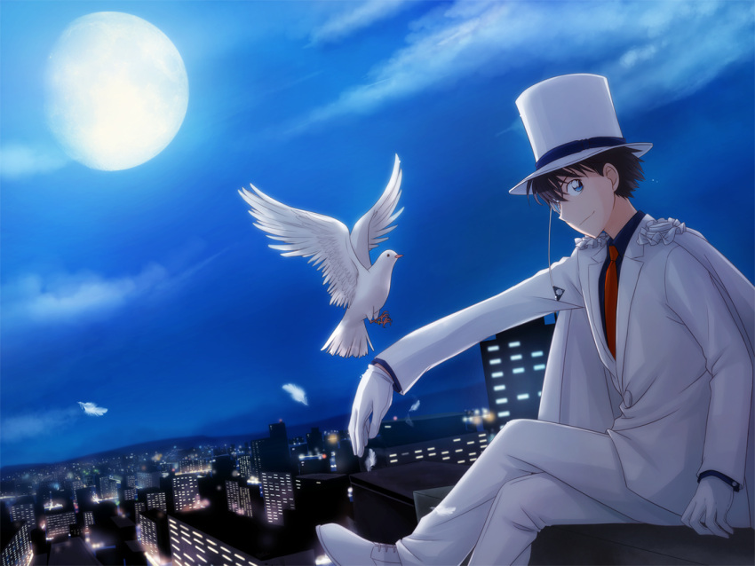 1boy arya_(tianhua) bird black_hair feathers formal gloves hat kaitou_kid magic_kaito monocle moon necktie night outdoors red_necktie short_hair solo suit white_gloves white_hat