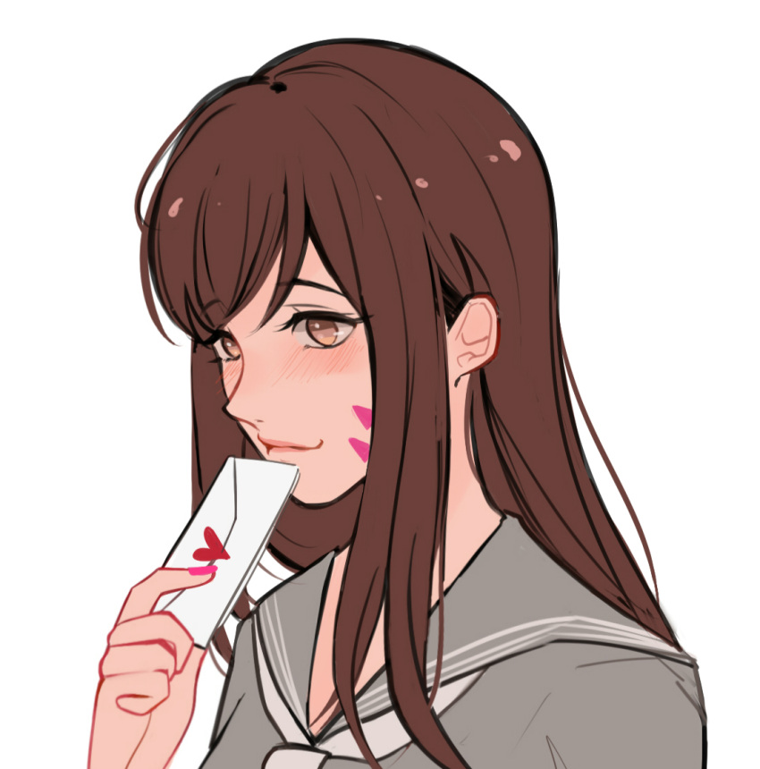 1girl bjmaki blush brown_hair closed_mouth commentary d.va_(overwatch) grey_blouse holding letter long_hair love_letter nail_polish neckerchief overwatch pink_nails sailor_collar school_uniform serafuku simple_background smile solo upper_body whisker_markings white_background
