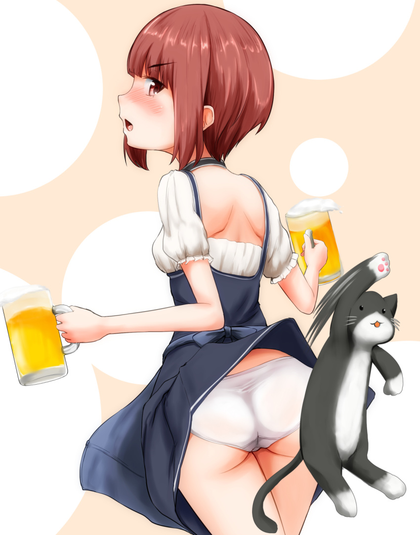 &gt;:d 1girl :d alcohol alternate_costume animal ass assisted_exposure auburn_hair bangs beer beer_mug blue_dress blunt_bangs blush brown_eyes cat cowboy_shot dirndl dress embarrassed eyebrows eyebrows_visible_through_hair frilled_sleeves frills german_clothes highres kantai_collection looking_back maple_takoyaki motion_blur no_headwear open_mouth panties paws short_hair short_sleeves shoulder_blades smile solo standing underwear unsinkable_sam upskirt white_panties z3_max_schultz_(kantai_collection)