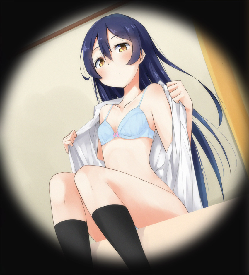 1girl blue_hair blush bra flat_chest highres long_hair looking_at_viewer love_live! love_live!_school_idol_project masamuuu open_clothes peephole solo sonoda_umi underwear undressing yellow_eyes
