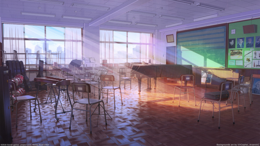 arsenixc building chair chalkboard city classroom clock copyright_name curtains day desk drum highres indoors instrument instrument_case light_rays love_money_rock'n'roll music no_humans piano picture_(object) portrait_(object) scenery school_desk sunlight vvcephei watermark window