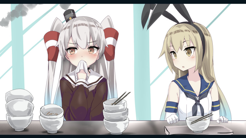2girls amatsukaze_(kantai_collection) blonde_hair blush bow bowl brown_eyes chopsticks commentary_request eating elbow_gloves gloves hair_bow hair_tubes hat heavens_thunder_(byakuya-part2) highres kantai_collection letterboxed long_hair long_sleeves mini_hat multiple_girls neckerchief sailor_collar shimakaze_(kantai_collection) silver_hair two_side_up yellow_eyes