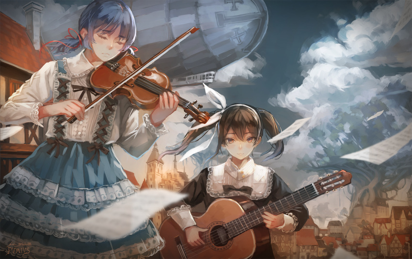 2girls aircraft artist_name blimp blue_hair blurry bow brown_eyes brown_hair city closed_eyes clouds depth_of_field dirigible european_clothes frilled_shirt frilled_skirt frills giant_tree guitar hair_bow hair_ribbon hairband highres house instrument lace lace-trimmed_shirt lace-trimmed_skirt light_smile long_hair looking_at_viewer multiple_girls music original paper playing_instrument pvmivs ribbon road sheet_music shirt short_hair short_twintails signature skirt sky street suspender_skirt suspenders twintails violin wind