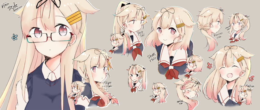 &gt;:) 1girl alternate_hair_length alternate_hairstyle bespectacled blonde_hair bow closed_eyes fang glasses gradient_hair grey_background hair_bow hair_flaps hair_ornament hair_over_one_eye highres ibuki_(ibukiro1003) kantai_collection long_hair looking_at_viewer multicolored_hair multiple_views open_mouth ponytail portrait red_eyes redhead remodel_(kantai_collection) sailor_collar school_uniform serafuku shigure_(kantai_collection) shigure_(kantai_collection)_(cosplay) short_hair simple_background smile tongue twintails yuudachi_(kantai_collection)