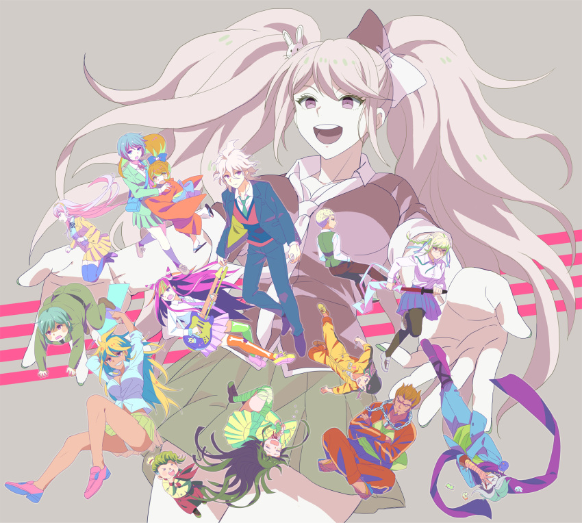 6+boys 6+girls bandages breasts cham-p cleavage closed_eyes dangan_ronpa dangan_ronpa_3 dark_skin enoshima_junko guitar hanamura_teruteru hand_over_face highres hinata_hajime indian_style instrument jum-p koizumi_mahiru komaeda_nagito kuzuryuu_fuyuhiko large_breasts maga-g mioda_ibuki multicolored_hair multiple_boys multiple_girls nanami_chiaki necktie nidai_nekomaru okuragon owari_akane pants pekoyama_peko saionji_hiyoko school_uniform shinai sitting sonia_nevermind souda_kazuichi sun-d sword tanaka_gandamu tsumiki_mikan twintails weapon