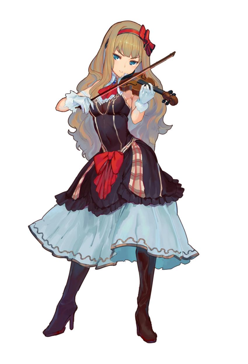 1girl alicia_florentina aqua_eyes boots brown_hair contrapposto dress full_body furrowed_eyebrows gloves hairband high_heels highres instrument long_hair looking_at_viewer music official_art peroshi_(graphic_loops) playing_instrument simple_background sleeveless smile solo toys_drive violin white_background white_gloves