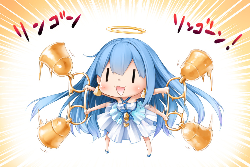 1girl :3 :d bare_shoulders bell bellringer_angel blue_hair blue_shoes blush chibi dress halo highres holding jewelry leaning_forward long_hair looking_at_viewer moegi_nenene open_mouth outstretched_arms shadowverse shoes sleeveless sleeveless_dress smile solo waving_arms white_dress |_|