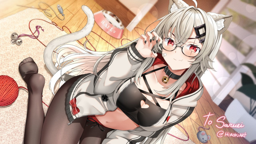 animal_ears bandaid bandaid_on_face bell black_legwear black_nails blush carpet cat_ears cat_girl cat_tail cat_teaser collar fang fang_out food_bowl glasses hair_ornament hiroki_art indie_virtual_youtuber indoors jacket jingle_bell kneeling long_hair mouse navel neck_bell nervous open_clothes open_jacket pantyhose plant red_eyes saruei_(vtuber) scar scar_across_eye scar_on_face seiza short_shorts shorts silver_hair sitting smile tail thread