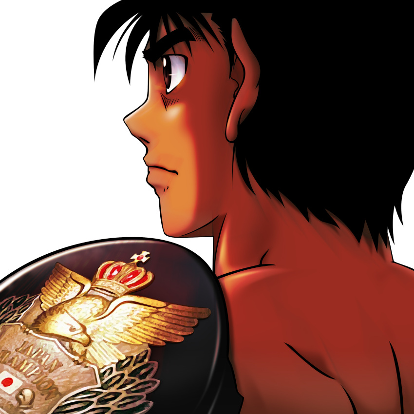 1boy absurdres black_hair brown_eyes dark_skin from_behind hajime_no_ippo highres makunouchi_ippo male_focus portrait shimura_kenshirou shoulder_blades solo