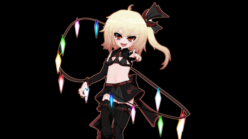1girl 3d alternate_costume ascot bare_shoulders bat_hair_ornament belt bikini_top black_background black_bikini_top black_legwear black_skirt blender_(medium) blonde_hair boots commentary cowboy_shot cross-laced_footwear crystal detached_sleeves flandre_scarlet frills gs-mantis hair_ornament hair_ribbon highres lace-up_boots looking_at_viewer miniskirt nail_polish navel pleated_skirt pointing pointing_at_viewer red_eyes red_nails ribbon side_ponytail simple_background skirt skirt_set smile solo stomach touhou wings