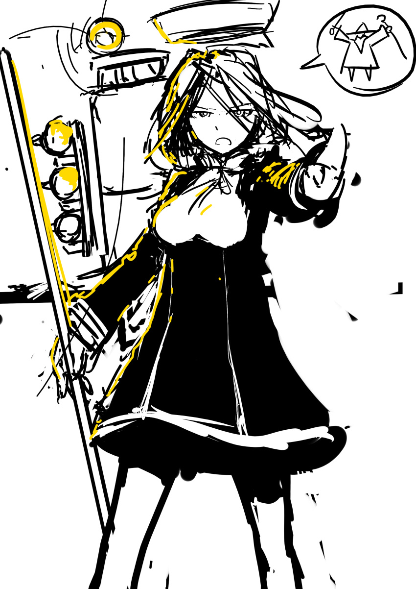 1girl absurdres backlighting dress gandalf hair_blowing highres holding holding_weapon kantai_collection looking_at_viewer lord_of_the_rings mecha_musume mechanical_halo monochrome polearm sate searchlight sketch solo spear spoken_person spot_color stop tatsuta_(kantai_collection) weapon you_shall_not_pass