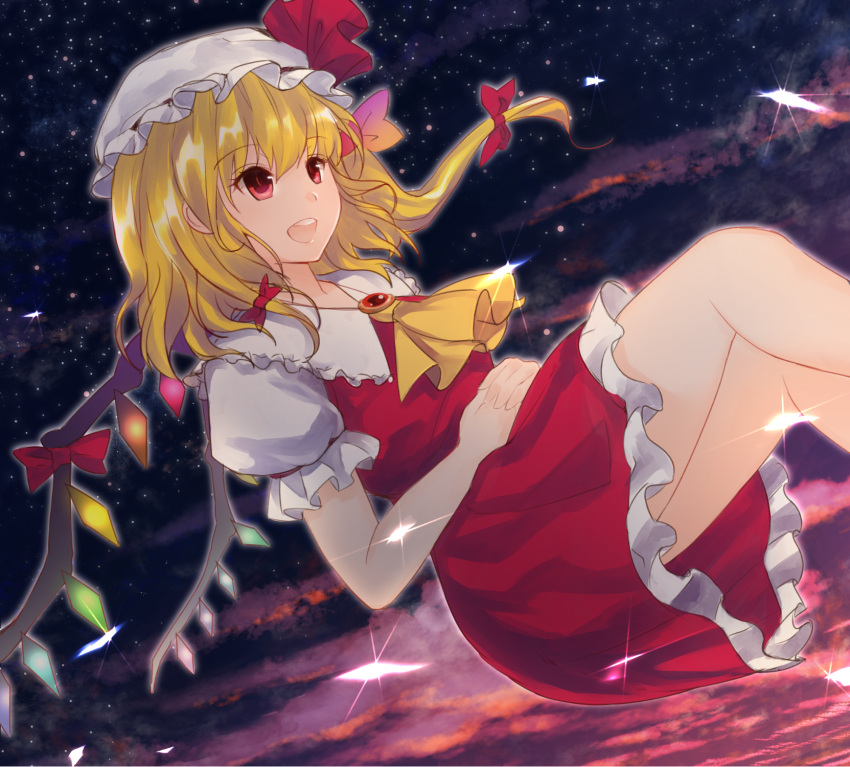 1girl :d ascot blonde_hair brooch clouds flandre_scarlet floating frilled_shirt_collar frilled_skirt frills glint hair_ribbon hands_on_own_stomach hands_together hat hat_ribbon highres jewelry looking_to_the_side looking_up mob_cap night night_sky open_mouth outdoors puffy_short_sleeves puffy_sleeves red_eyes ribbon short_hair short_sleeves side_ponytail skirt skirt_set sky smile solo star_(sky) touhou tress_ribbon twilight wing_collar wings x&amp;x&amp;x