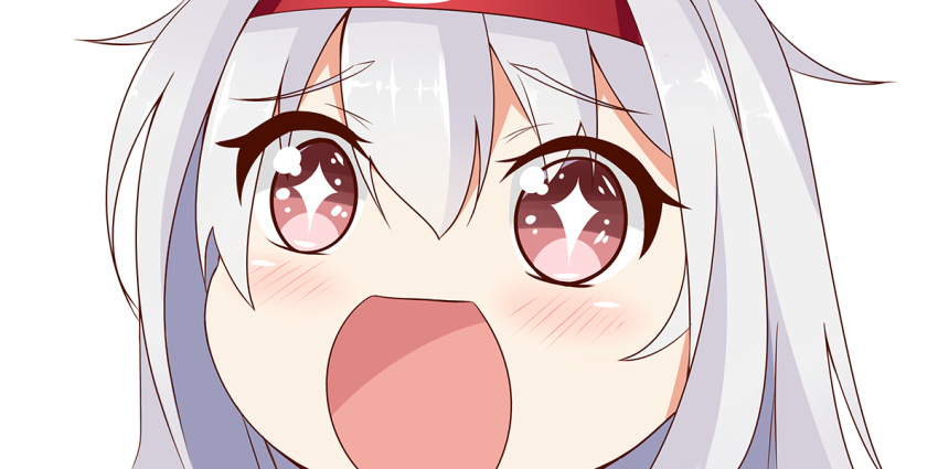 1girl brown_hair eyebrows eyebrows_visible_through_hair face hair_between_eyes headband kantai_collection long_hair looking_at_viewer open_mouth red_eyes remodel_(kantai_collection) shoukaku_(kantai_collection) simple_background sin-poi solo sparkling_eyes symbol-shaped_pupils white_background white_hair