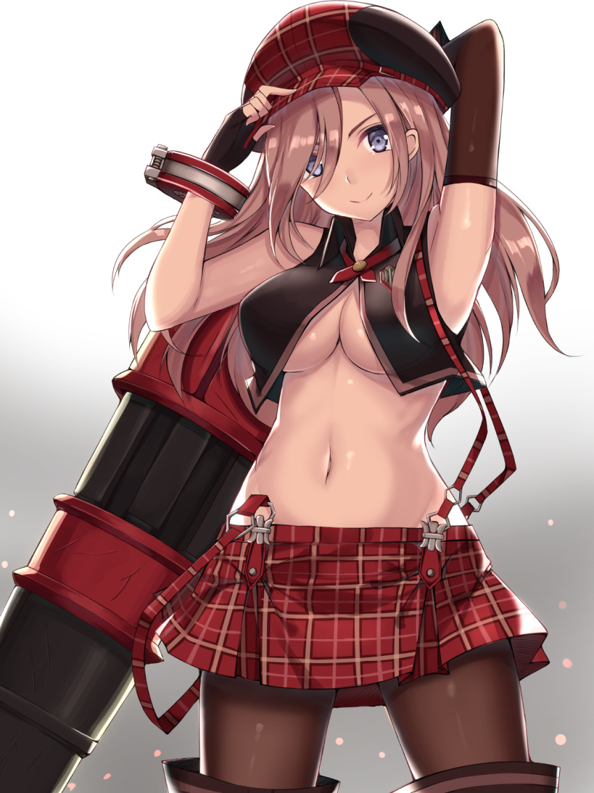 1girl alisa_ilinichina_amiella arm_behind_head blue_eyes boots breasts cleavage elbow_gloves fingerless_gloves gloves god_eater god_eater_burst gradient gradient_background hat highres kanikou long_hair looking_at_viewer navel pantyhose plaid plaid_skirt silver_hair skirt solo suspender_skirt suspenders thigh-highs thigh_boots under_boob weapon