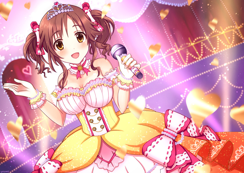 1girl bare_shoulders blue_moment blush breasts brown_eyes brown_hair cleavage dress hair_ornament highres idolmaster idolmaster_cinderella_girls jewelry large_breasts looking_at_viewer microphone open_mouth smile solo totoki_airi twintails