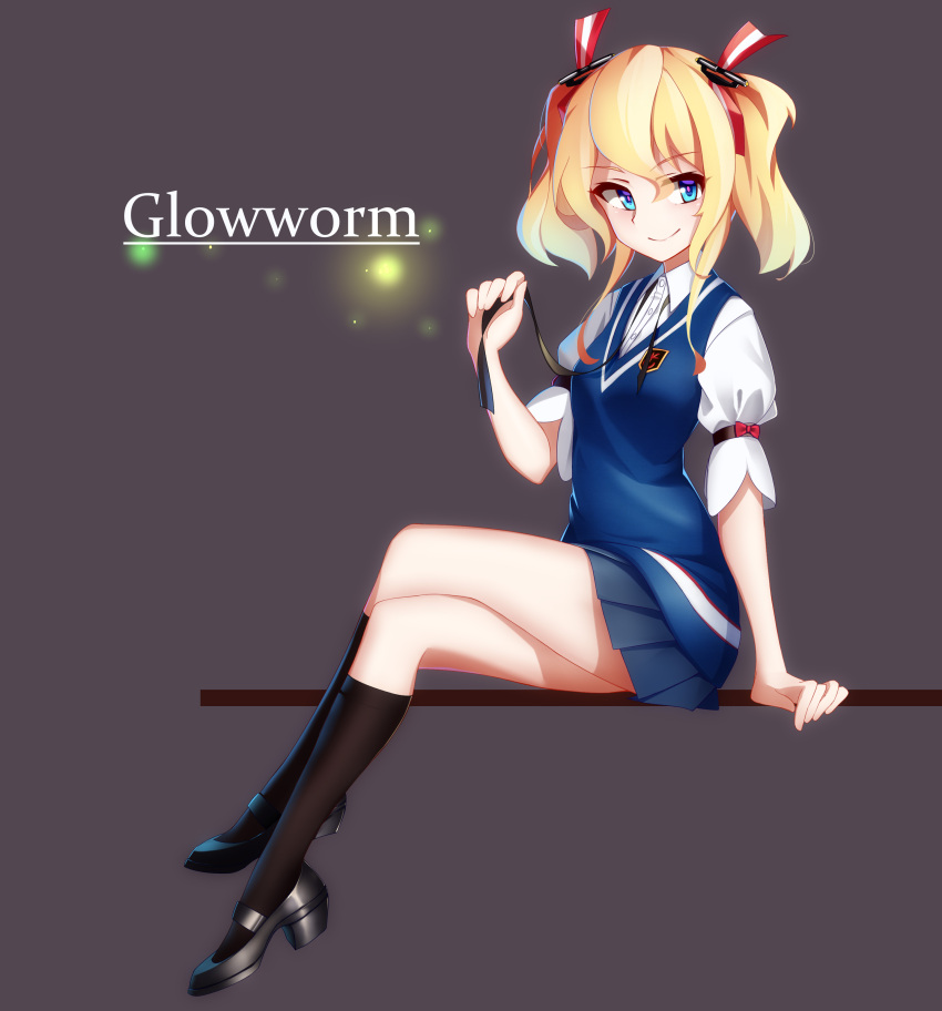 1girl absurdres arm_support arnold-s black_legwear black_ribbon black_shoes blonde_hair blue_eyes blue_skirt blue_sweater breasts character_name closed_mouth commentary_request crossed_legs full_body glowing glowworm_(zhan_jian_shao_nyu) hair_ribbon highres looking_at_viewer pleated_skirt puffy_short_sleeves puffy_sleeves ribbon shirt shoes short_sleeves simple_background sitting skirt small_breasts smile socks solo sweater sweater_vest text twintails white_shirt zhan_jian_shao_nyu