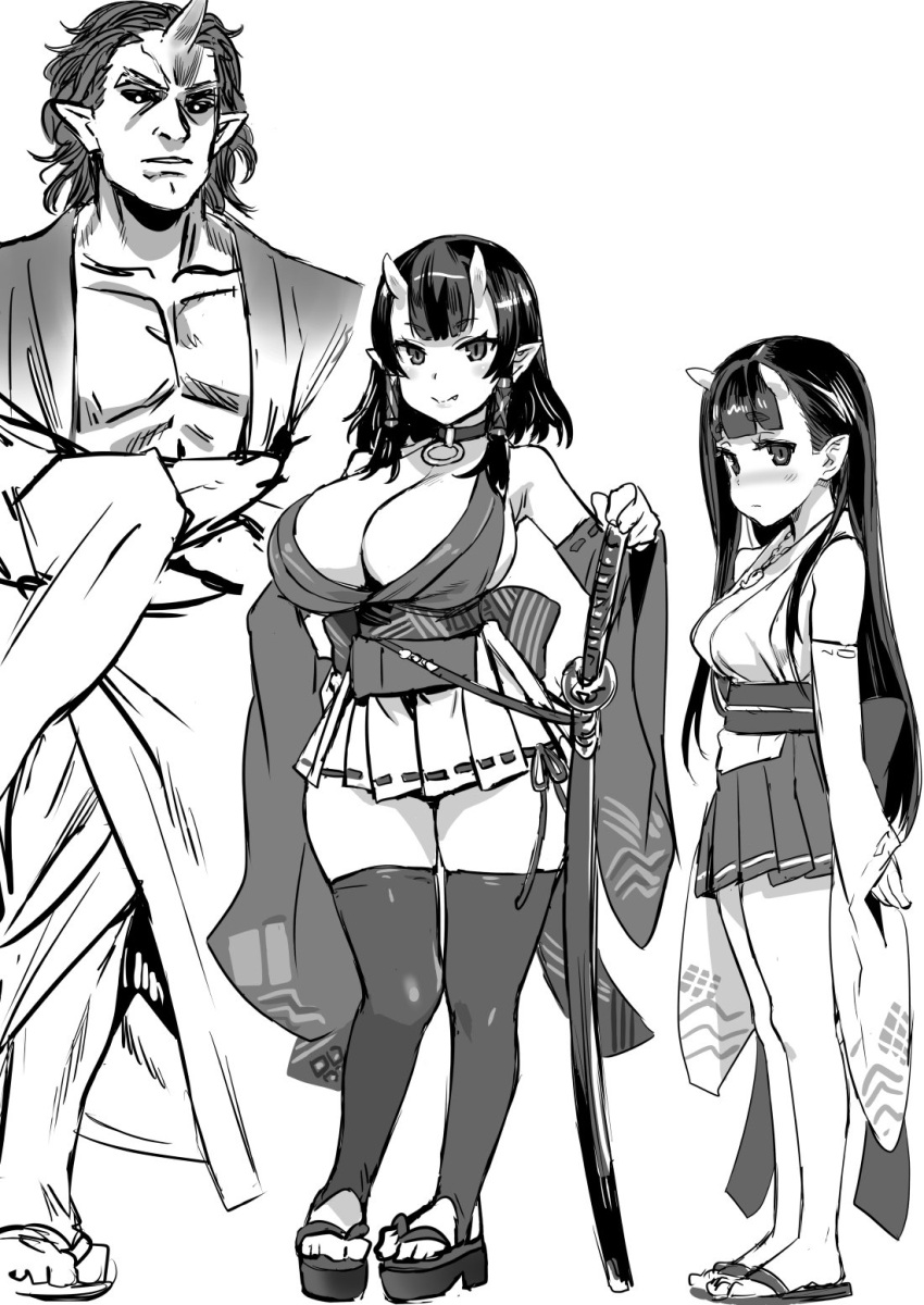 1boy 2girls asanagi bangs black_sclera blush breasts choker cleavage closed_mouth commentary_request crossed_arms detached_sleeves eyebrows eyebrows_visible_through_hair fang full_body hair_tubes hand_on_hilt hand_on_hip highres horn horns japanese_clothes jewelry katana large_breasts long_hair long_sleeves looking_at_viewer magatama miniskirt monochrome multiple_girls necklace nose_blush oni oni_horns original pleated_skirt pointy_ears ribbon ribbon-trimmed_skirt ribbon-trimmed_sleeves ribbon_trim sash sheath sheathed skindentation skirt smile standing sword tabi thigh-highs toeless_legwear tsurime weapon wide_sleeves zettai_ryouiki