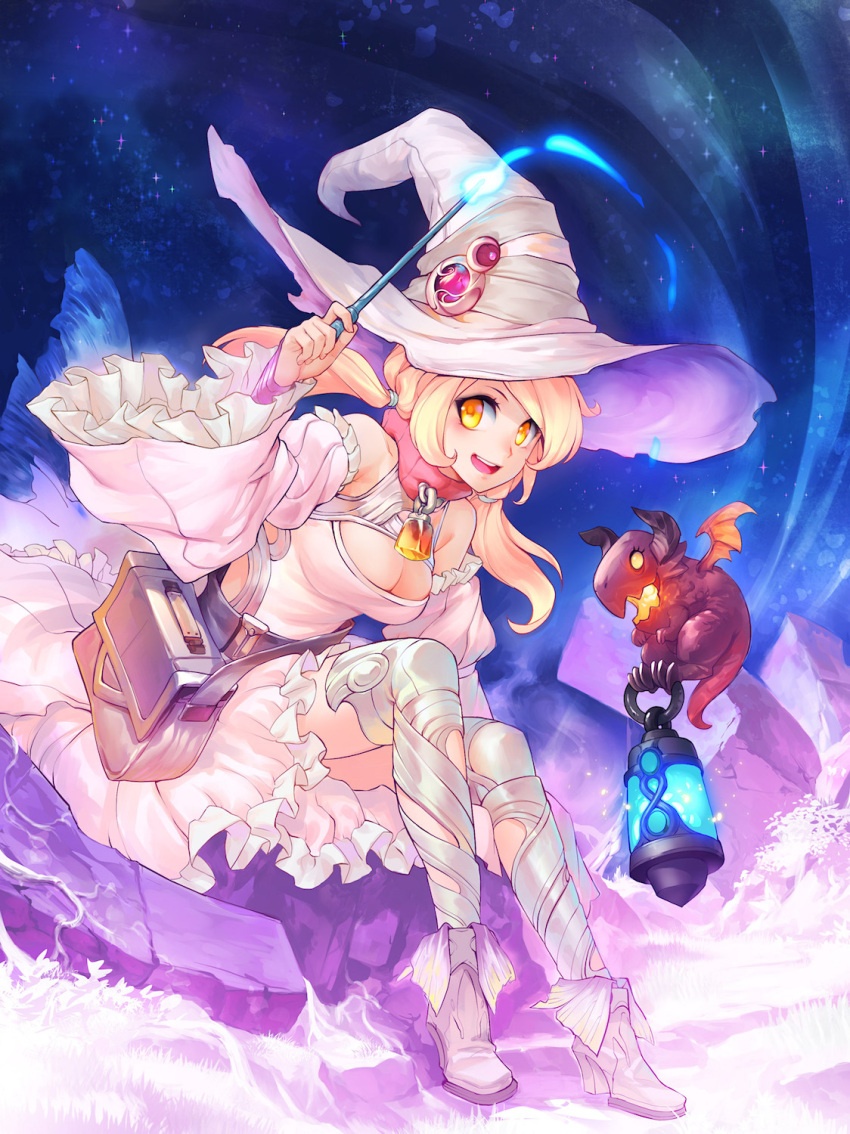 1girl bag bell blonde_hair breasts cleavage_cutout detached_sleeves dragon hat high_heels highres lantern long_hair low_twintails medium_breasts messenger_bag original patipat_asavasena shoulder_bag sitting smile solo thigh-highs twintails wand witch witch_hat yellow_eyes