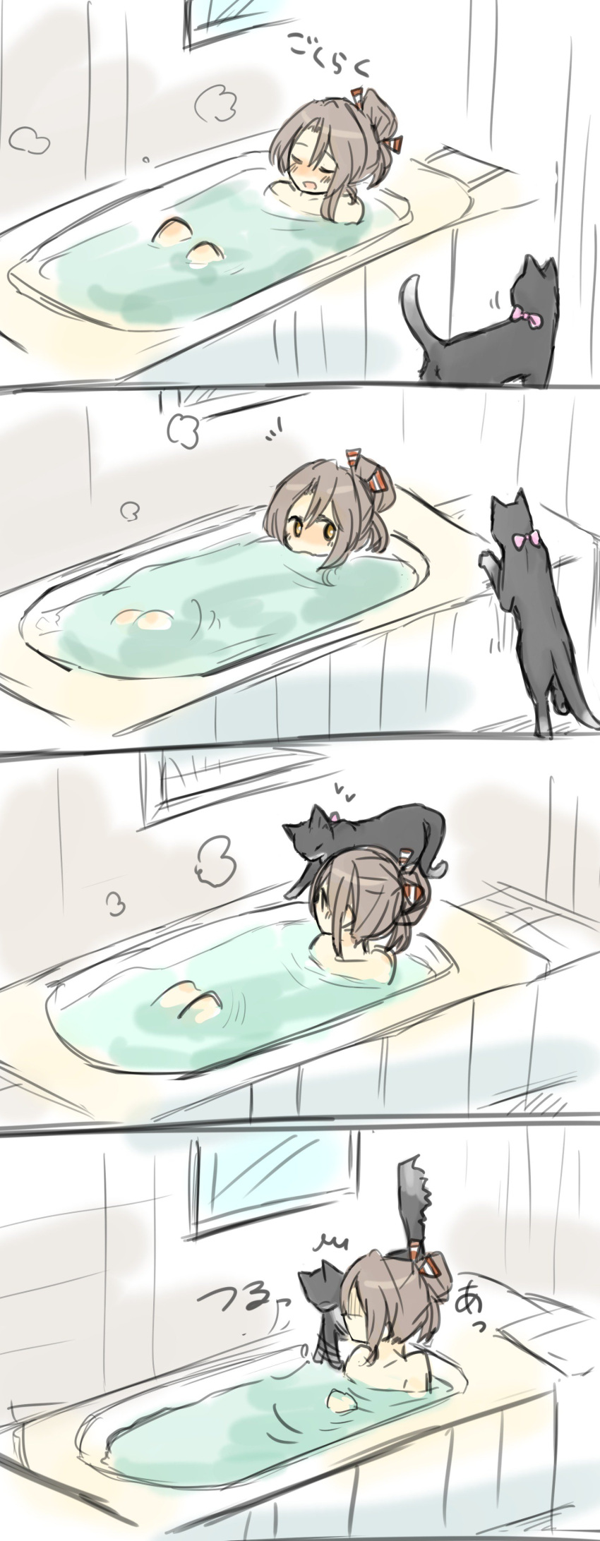 /\/\/\ 2girls 4koma absurdres bathing bathtub blush bow brown_eyes brown_hair cat collarbone comic gloom_(expression) hair_between_eyes heart hibari_(horse809cat) highres kantai_collection looking_at_another multiple_girls nose_blush open_mouth partially_submerged pink_bow ponytail profile shouhou_(kantai_collection) sitting sketch standing water window zuihou_(kantai_collection)