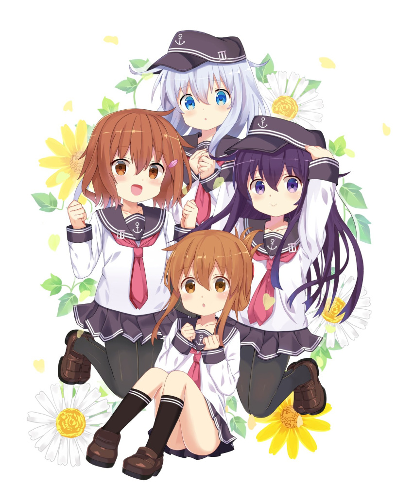 4girls :d :o akatsuki_(kantai_collection) anchor_symbol black_legwear blue_eyes brown_eyes brown_hair commentary_request daisy enusabu_(enusub) fang flat_cap flower folded_ponytail hair_ornament hairclip hand_on_headwear hands_together hands_up hat hibiki_(kantai_collection) highres ikazuchi_(kantai_collection) inazuma_(kantai_collection) kantai_collection kneehighs kneeling loafers long_sleeves looking_at_viewer multiple_girls neckerchief open_mouth pantyhose pleated_skirt purple_hair school_uniform serafuku shoes short_hair silver_hair simple_background sitting skirt smile violet_eyes white_background