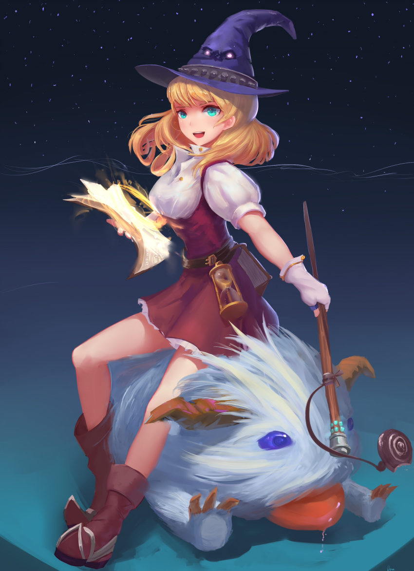 1girl :d absurdres alternate_costume blonde_hair blue_eyes book boots brown_boots doren gloves hat highres hourglass league_of_legends looking_at_viewer luxanna_crownguard nengajou new_year open_book open_mouth poro_(league_of_legends) purple_hat rabadon's_deathcap smile staff white_gloves zhonya's_hourglass