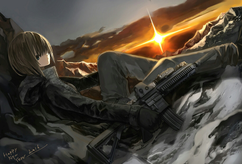 1girl 2016 assault_rifle black_gloves blue_eyes brown_hair camouflage clouds cloudy_sky dutch_angle eotech gloves gun hair_over_one_eye happy_new_year hashimoto_kokai highres holding holding_gun holding_weapon hood hood_down hooded_jacket jacket knee_up long_sleeves m4_carbine mountain new_year original outdoors pants rifle short_hair sitting sky solo sunrise suppressor weapon zipper