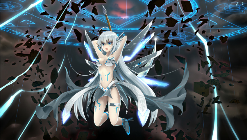 1girl armor armpits arms_behind_head arms_up bare_arms bare_shoulders bent_knees bikini_armor blue_eyes breasts electricity full_body grey_skirt headgear highres holding holding_weapon kaiten_nekohige long_hair looking_away magic_circle mechanical_wings medium_breasts midriff navel open_mouth original revealing_clothes rubble scythe silver_hair skirt solo stomach tattoo thighlet very_long_hair weapon wings