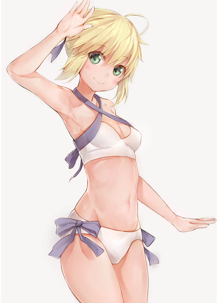 1girl absurdres ahoge arm_up armpits bare_legs bare_shoulders beige_background bikini blonde_hair blue_bow blush bow breasts cleavage cleavage_cutout closed_mouth cowboy_shot criss-cross_halter eyebrows eyebrows_visible_through_hair fate/grand_order fate_(series) green_eyes halter_top halterneck head_tilt highres looking_at_viewer navel saber short_hair silver_(chenwen) simple_background small_breasts smile solo standing stomach swimsuit white_bikini