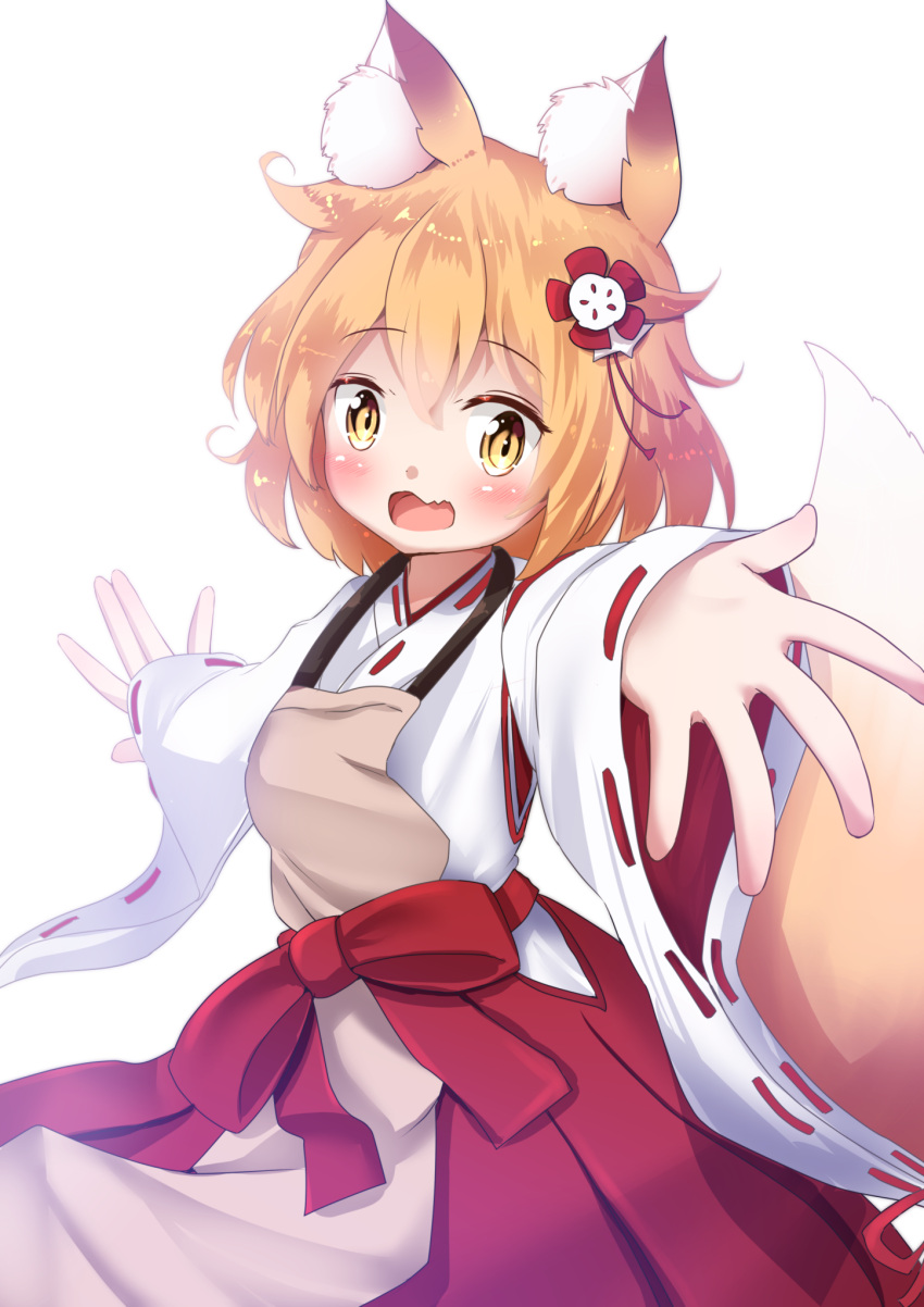 1girl animal_ear_fluff animal_ears apron bangs blonde_hair blush brown_apron commentary_request eyebrows_visible_through_hair fang flower fox_ears fox_girl fox_tail hair_between_eyes hair_flower hair_ornament highres japanese_clothes kimono long_sleeves looking_at_viewer mochiyuki open_mouth outstretched_arms red_flower redhead ribbon-trimmed_sleeves ribbon_trim senko_(sewayaki_kitsune_no_senko-san) sewayaki_kitsune_no_senko-san simple_background sleeves_past_wrists solo spread_arms tail tail_raised white_background white_kimono wide_sleeves yellow_eyes