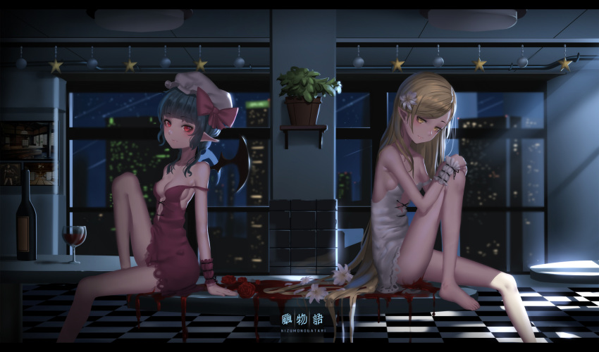 2girls bangs bare_arms bare_legs bare_shoulders bat_wings blue_hair blunt_bangs blush bottle bow breasts building checkered checkered_floor cityscape cleavage closed_mouth collarbone copyright_name cup dress drinking_glass eyebrows eyebrows_visible_through_hair flower hair_bow hair_flower hair_ornament hat highres hk_(hk) indoors kizumonogatari light_rays looking_at_viewer mob_cap monogatari_(series) moonlight multiple_girls on_table oshino_shinobu petals pink_bow plant pointy_ears potted_plant red_eyes red_rose remilia_scarlet rose rose_petals short_hair sideboob sitting sitting_on_table skyscraper sleeveless sleeveless_dress small_breasts smile strap_slip swept_bangs table touhou trait_connection vampire white_dress white_flower white_hat wine_bottle wine_glass wings wristband