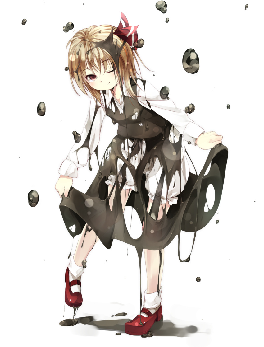 1girl black_dress blonde_hair bloomers collared_shirt commentary_request dress full_body gorilla_(bun0615) hair_between_eyes hair_ribbon highres long_sleeves looking_at_viewer mary_janes melting one_eye_closed red_eyes red_ribbon red_shoes ribbon rumia shirt shoes skirt_hold smile solo touhou underwear white_background white_legwear white_shirt