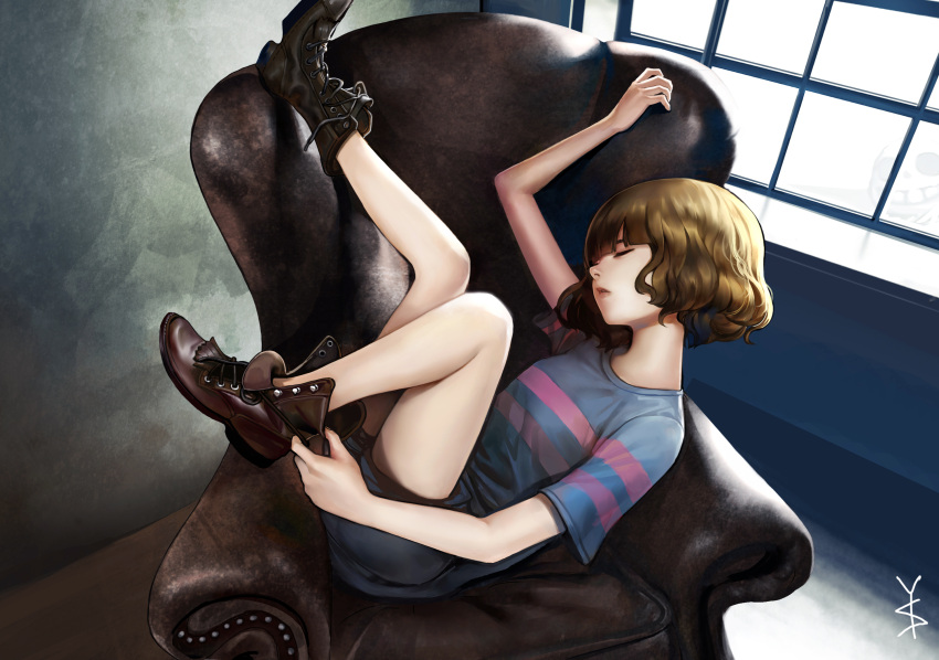 androgynous ankle_boots arm_up armchair bangs bare_arms black_boots blue_shorts blunt_bangs boots brown_hair chair closed_eyes cross-laced_footwear floor frisk_(undertale) from_side gd_choco highres indoors lace-up_boots leg_up parted_lips shirt short_hair short_sleeves shorts solo striped striped_shirt t-shirt undertale untied wall wavy_hair window