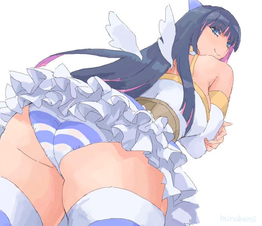 1girl ass bare_shoulders blue_eyes blue_hair detached_sleeves long_hair minakami_(flyingman555) panties panty_&amp;_stocking_with_garterbelt purple_hair simple_background smile solo stocking_(psg) striped striped_panties thigh-highs underwear white_background wings