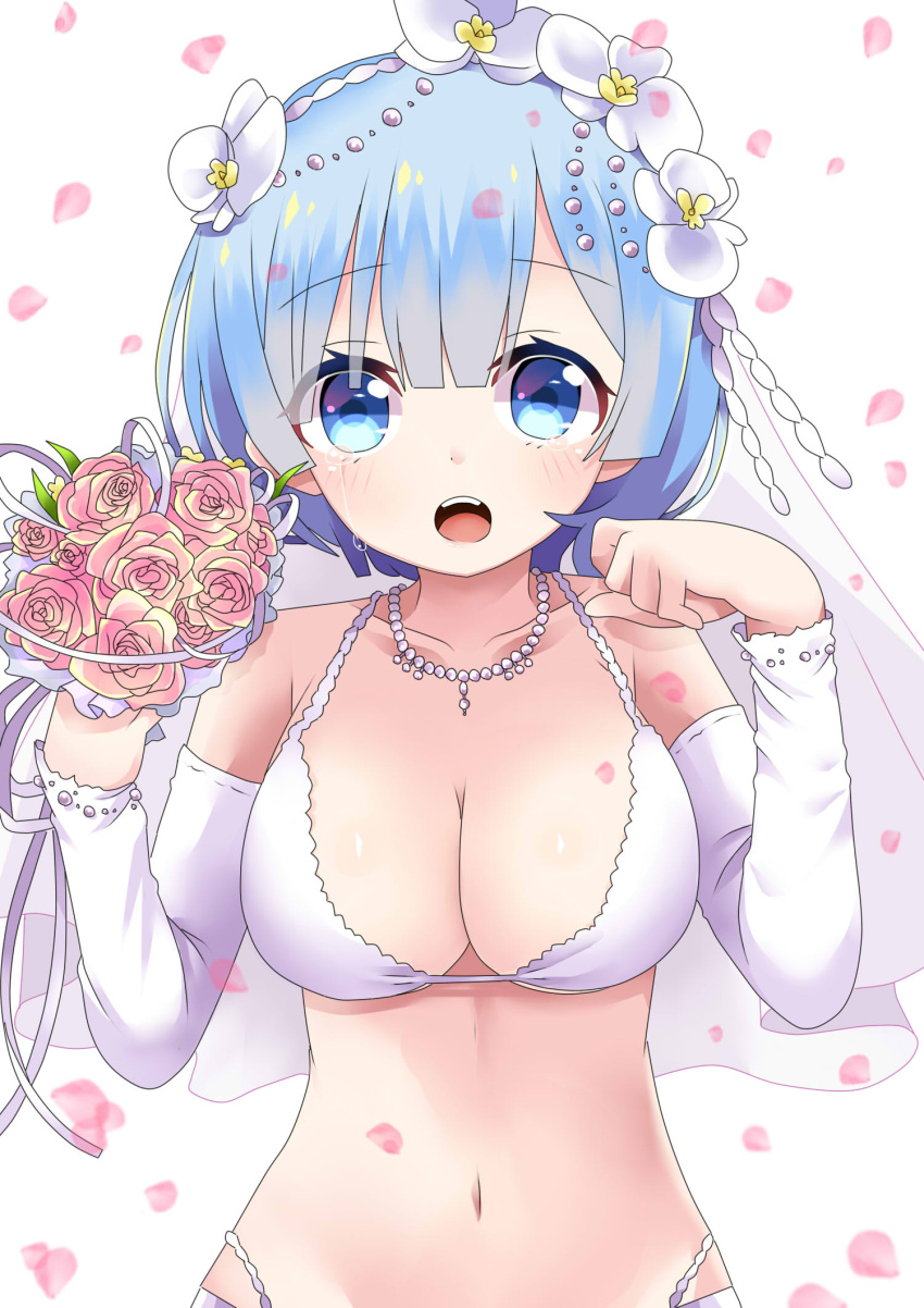 1girl :o bangs bead_necklace beads bikini_top blue_eyes blue_hair blush bouquet breasts bride cleavage collarbone crying crying_with_eyes_open detached_sleeves eyebrows eyebrows_visible_through_hair eyelashes flower hair_beads hair_flower hair_ornament hairband highres jewelry large_breasts looking_at_viewer mako_dai_ni-dai navel necklace paw_pose petals pink_rose re:zero_kara_hajimeru_isekai_seikatsu rem_(re:zero) ribbon rose short_hair solo stomach strap_gap swimsuit tears upper_body veil wedding white_background white_bikini_top white_flower x_hair_ornament