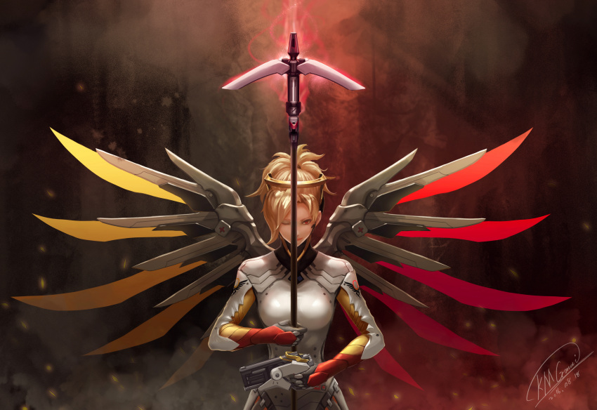 1girl 2016 absurdres alternate_eye_color alternate_wing_color armor blonde_hair bodysuit breasts brown_background dark_background dark_persona dated embers energy gun handgun high_ponytail highres holding holding_staff long_hair looking_at_viewer md5_mismatch mechanical_halo mechanical_wings medium_breasts mercy_(overwatch) multicolored_wings one_eye_closed overwatch pistol ponytail red_background red_eyes red_wings revision shou_mai signature smirk solo split_theme spread_wings staff upper_body weapon wings yellow_wings