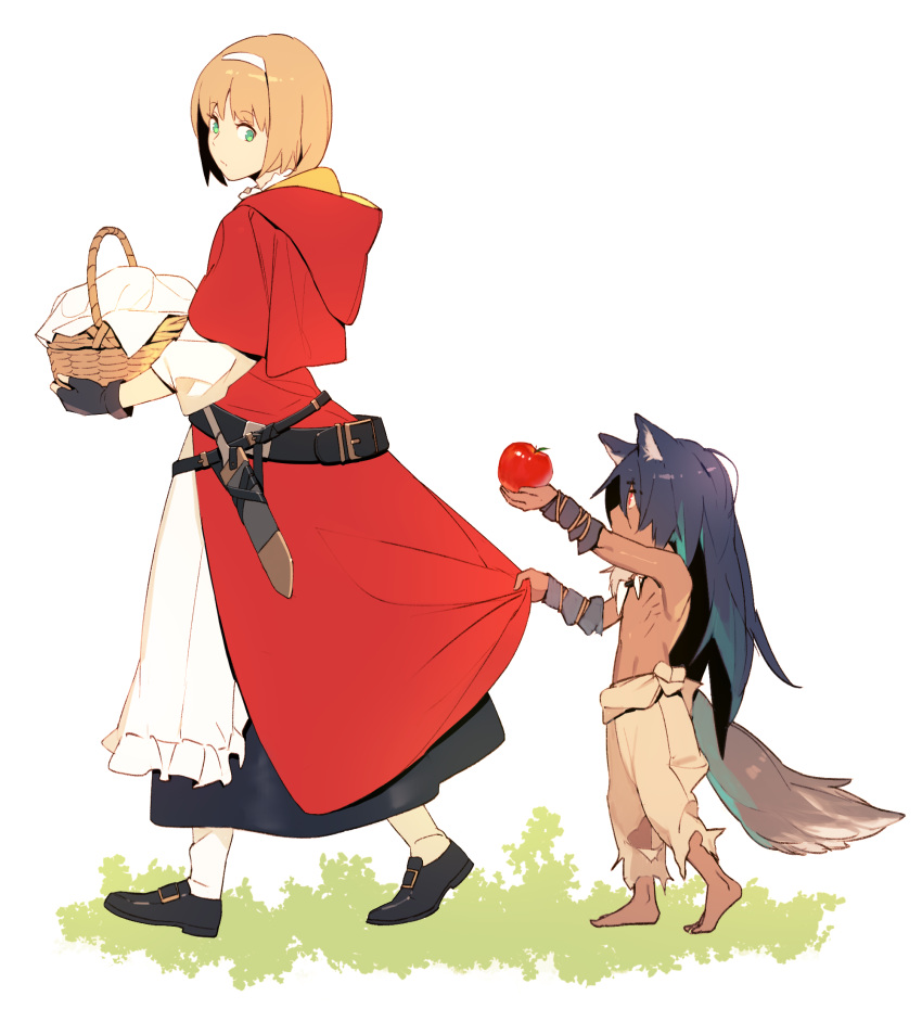 1boy 1girl animal_ears apple apron arm_wraps basket big_bad_wolf_(grimm) black_gloves black_hair black_shoes blonde_hair brown_pants commentary_request fingerless_gloves food fruit gloves green_eyes grimm's_fairy_tales hairband height_difference highres hood hood_down jandy little_red_riding_hood little_red_riding_hood_(grimm) long_hair looking_up original pants red_cloak red_eyes scabbard sheath shoes short_hair skirt skirt_tug tail tooth_necklace torn_clothes torn_pants waist_apron white_apron white_hairband white_legwear wolf_boy wolf_ears wolf_tail