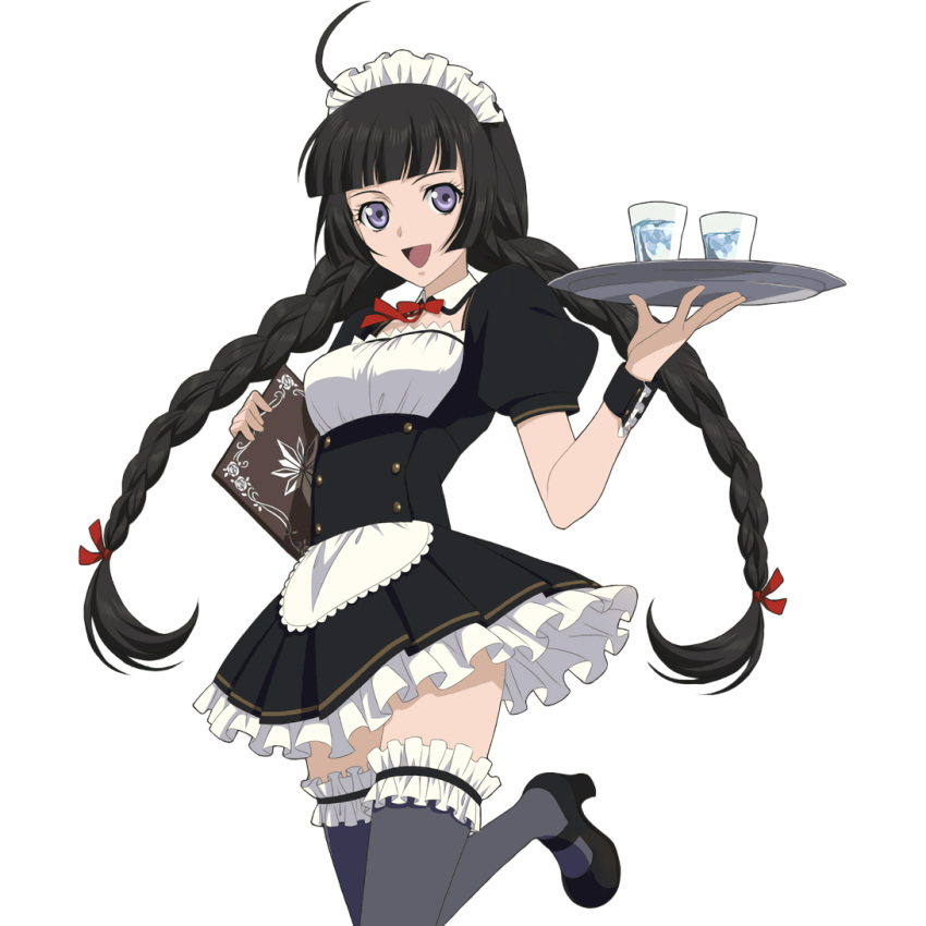 1girl ahoge bangs black_hair blunt_bangs carrying cup frilled_legwear headdress holding kohak_hearts leg_lift long_hair looking_at_viewer low-tied_long_hair mary_janes menu official_art open_mouth shoes solo tales_of_(series) tales_of_hearts thigh-highs tray twintails violet_eyes waitress