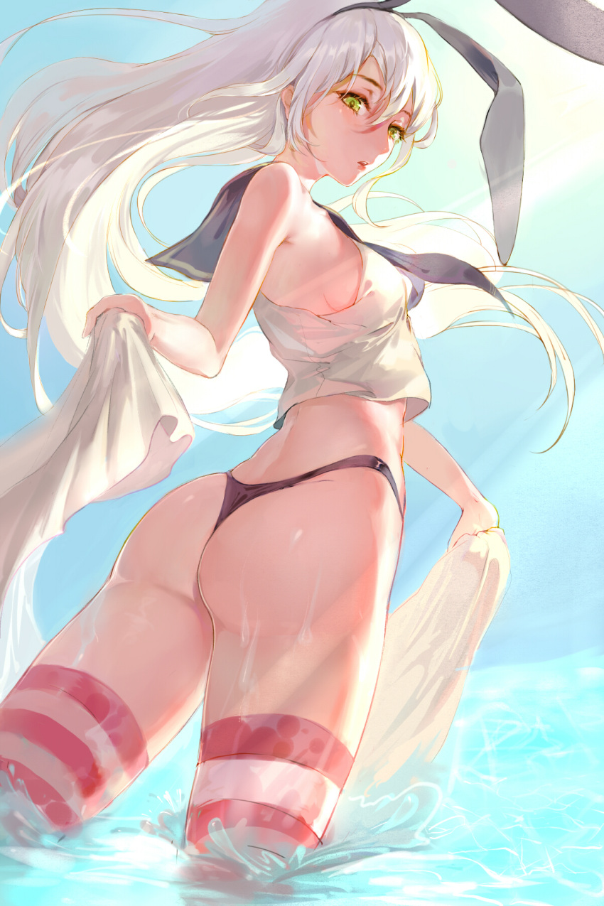 1girl animal_ears ascot ass bangs bare_shoulders black_panties blonde_hair blue_sky breasts brown_eyes chestnut_mouth collarbone cowboy_shot crop_top fake_animal_ears from_behind green_eyes hair_ornament hairband highleg highleg_panties highres kantai_collection light_rays lipstick long_hair looking_at_viewer looking_back makeup medium_breasts midriff neckerchief ocean open_mouth panties parted_lips partially_submerged pink_lips pink_lipstick rabbit_ears sailor_collar school_uniform serafuku shimakaze_(kantai_collection) sideboob sky sleeveless small_breasts striped striped_legwear sunlight thigh-highs underwear very_long_hair water