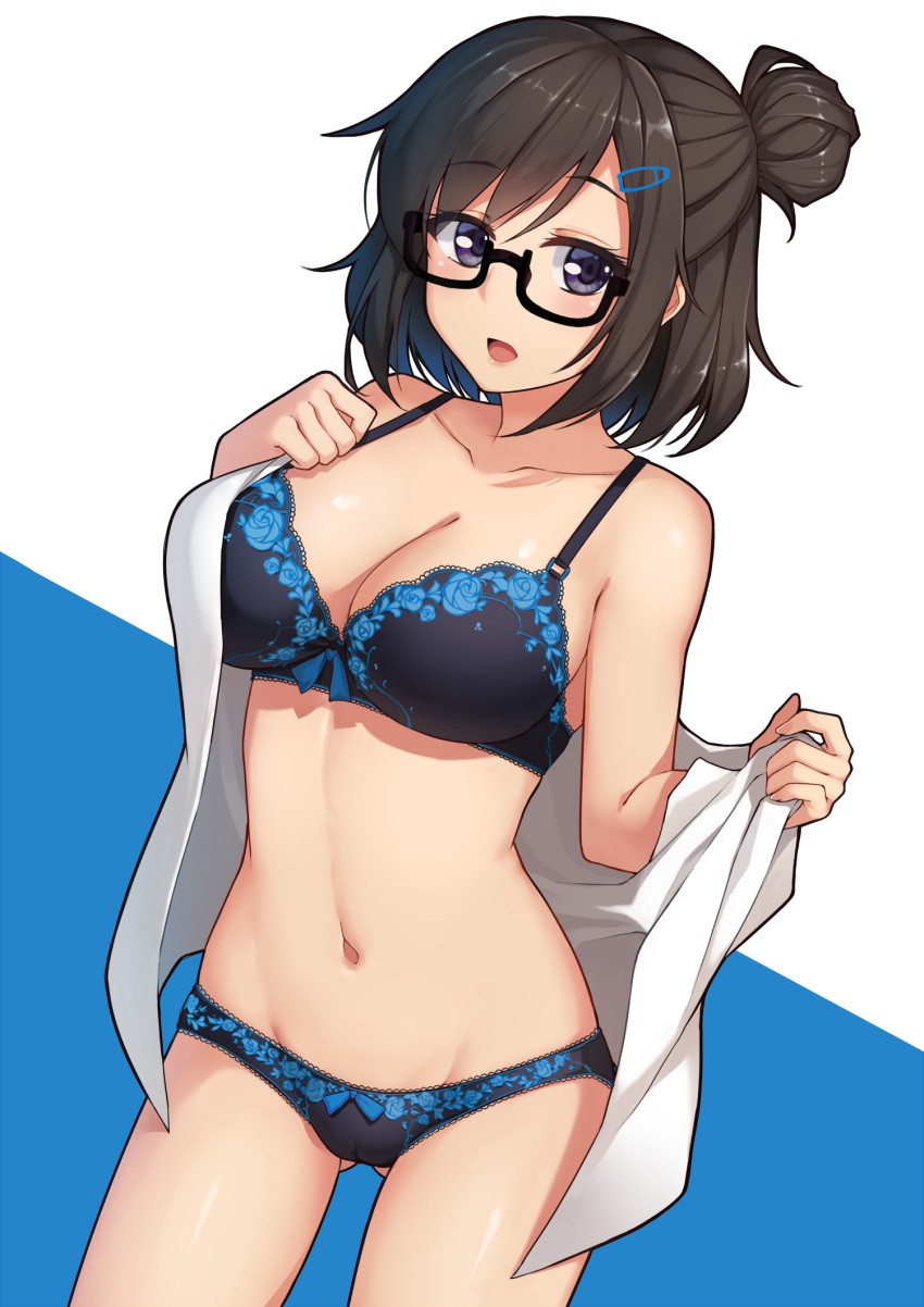 1girl ass_visible_through_thighs black-framed_eyewear black_bra black_eyes black_hair black_panties bow bow_bra bow_panties bra breasts cleavage collarbone eyebrows eyebrows_visible_through_hair floral_print glasses hair_ornament hairclip highres lace lace-trimmed_bra lace-trimmed_panties large_breasts lingerie mei_(overwatch) navel open_clothes open_mouth overwatch panties rose_print semi-rimless_glasses short_hair solo standing terras underwear undressing