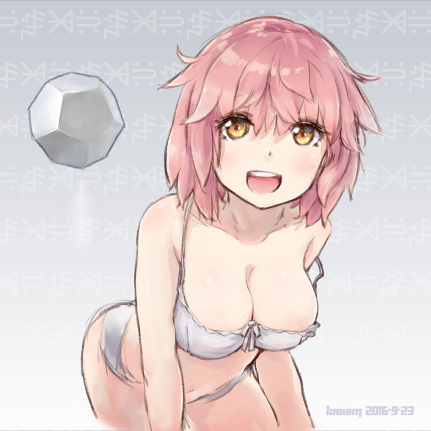 1girl :d artist_name bare_shoulders bra breasts cleavage collarbone dated dodecahedron fate/kaleid_liner_prisma_illya fate_(series) laoism large_breasts looking_at_viewer open_mouth panties pink_hair short_hair sketch smile solo strap_slip tanaka_(fate/kaleid_liner) underwear underwear_only white_bra white_panties yellow_eyes