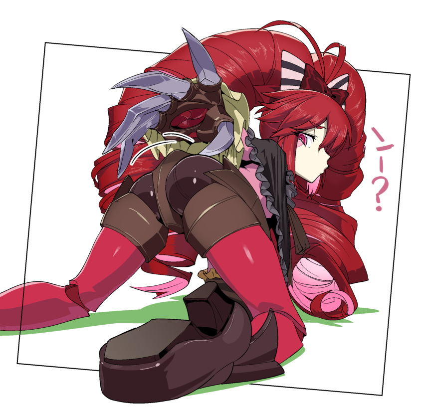 1girl ? akiot all_fours antenna_hair ass big_hair blush_stickers bow capelet claw_(weapon) crawling doll_joints dress drill_hair from_behind hair_bow hairband high_heels highres long_hair long_sleeves looking_at_viewer looking_back micha_jawkan multicolored_hair pale_skin pink_hair profile red_eyes redhead ribbon senki_zesshou_symphogear shoes solo text twin_drills twintails two-tone_hair very_long_hair weapon white_background