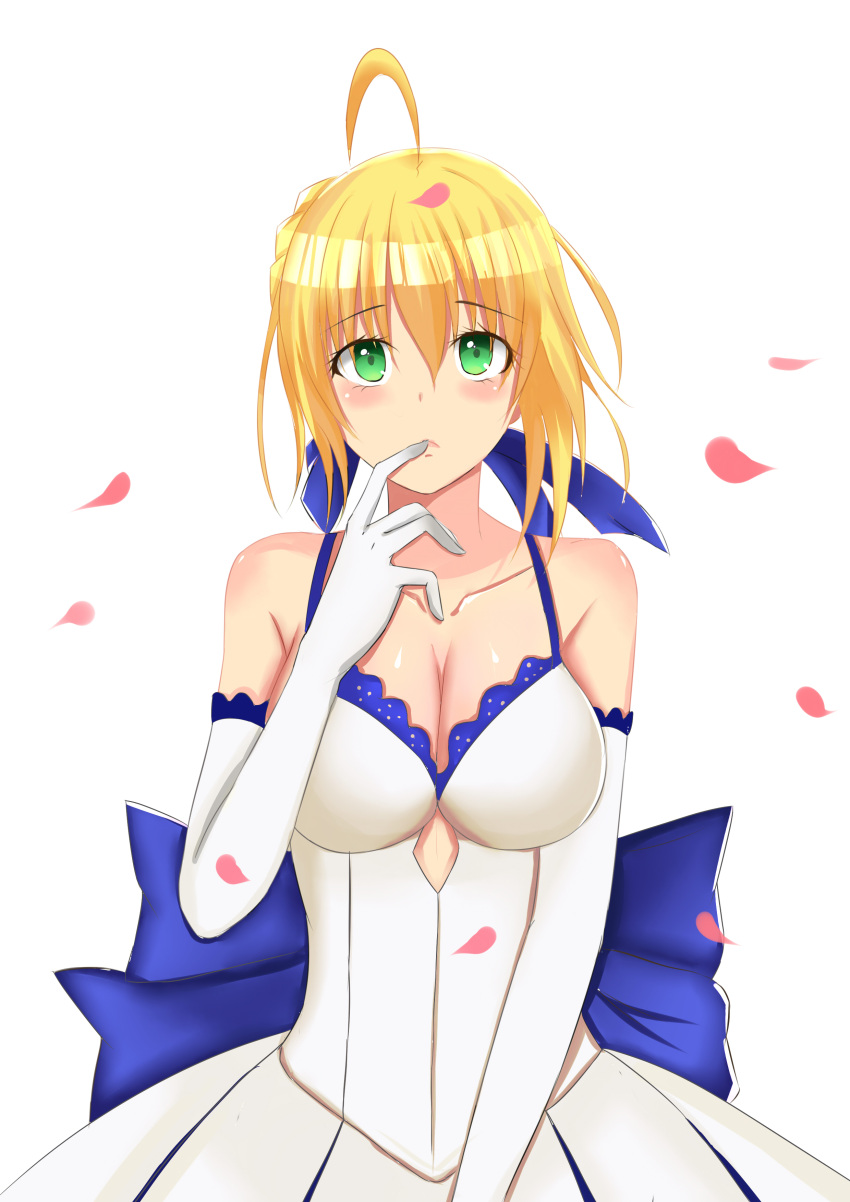 1girl absurdres ahoge breasts cleavage elbow_gloves fate/stay_night fate_(series) finger_to_mouth gloves green_eyes highres ice_spirit_tarot large_breasts petals saber solo white_background